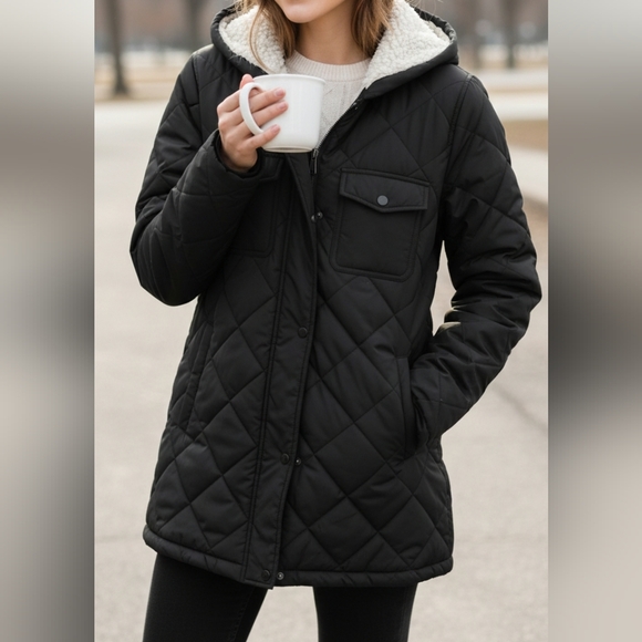 Sherpa Lined Black Quilted Puffer Zip Up Parka Hooded Jacket Large - Picture 2 of 8